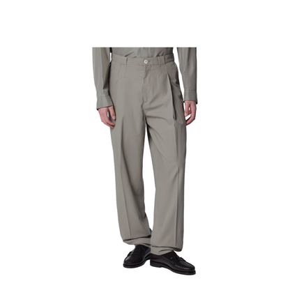 Twill Cotton Trousers With Pleats In Khaki - Image 1