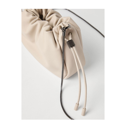 Mellow Beige Crossbody Bag with Drawstring Closure and Chain Shoulder Strap - Image 6