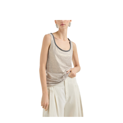 Linen Striped Crew Neck Top with Contrasting Trim and Necklace - Image 2
