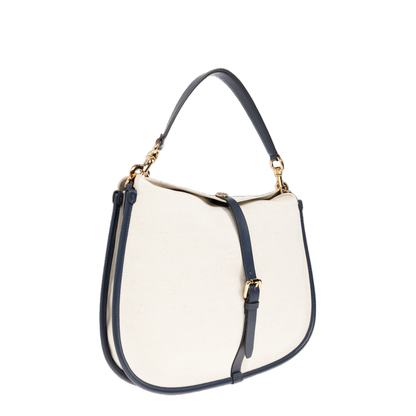 Pony Buckle Leather Shoulder Bag - Beige/Blue - Image 3