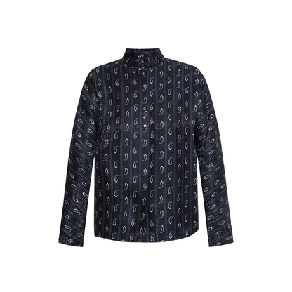 Navy Blue Paisley Print Button Fastening Mandarin Collar Long Sleeves - Image 1