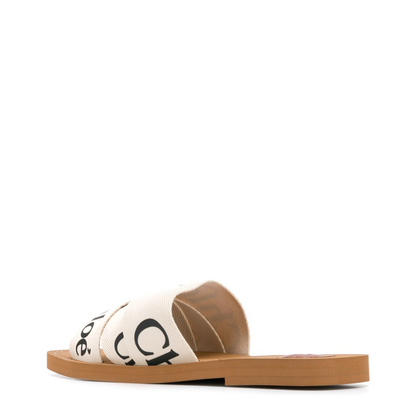 White Linen All-Over Logo Print Low Stacked Heel - Image 3