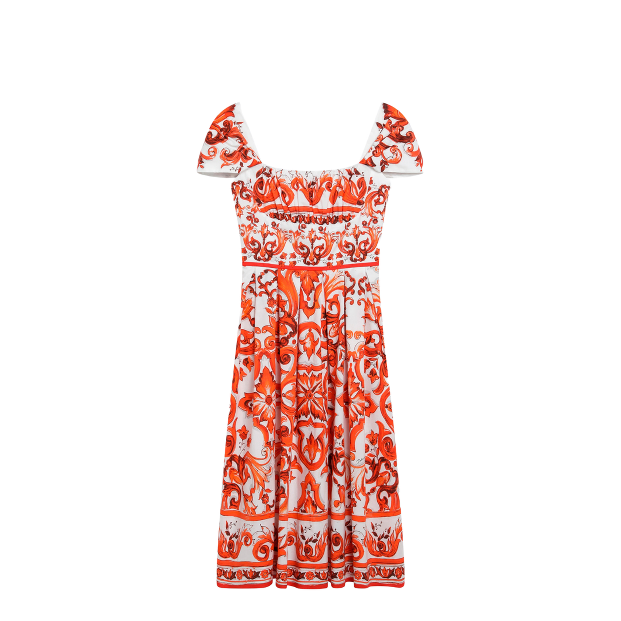Maiolica-print cotton poplin dress in orange - Image 1