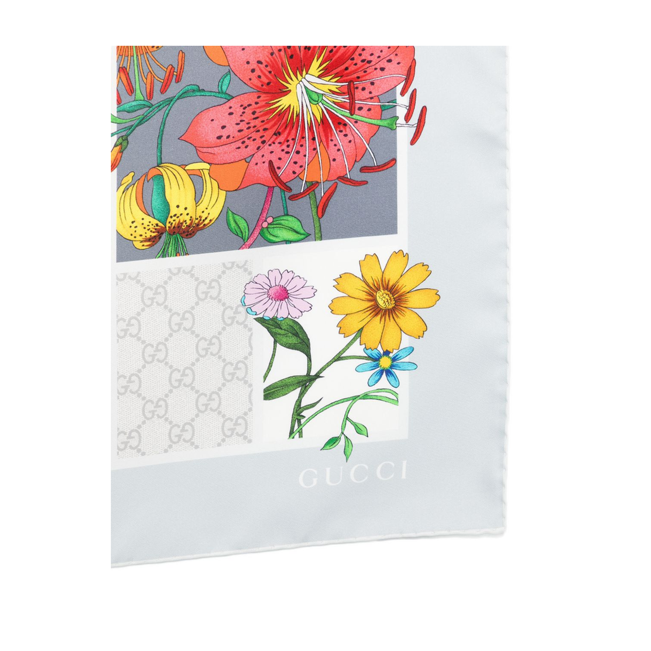 Printed Silk Twill Carré in Light Grey and Multicolour - Image 3