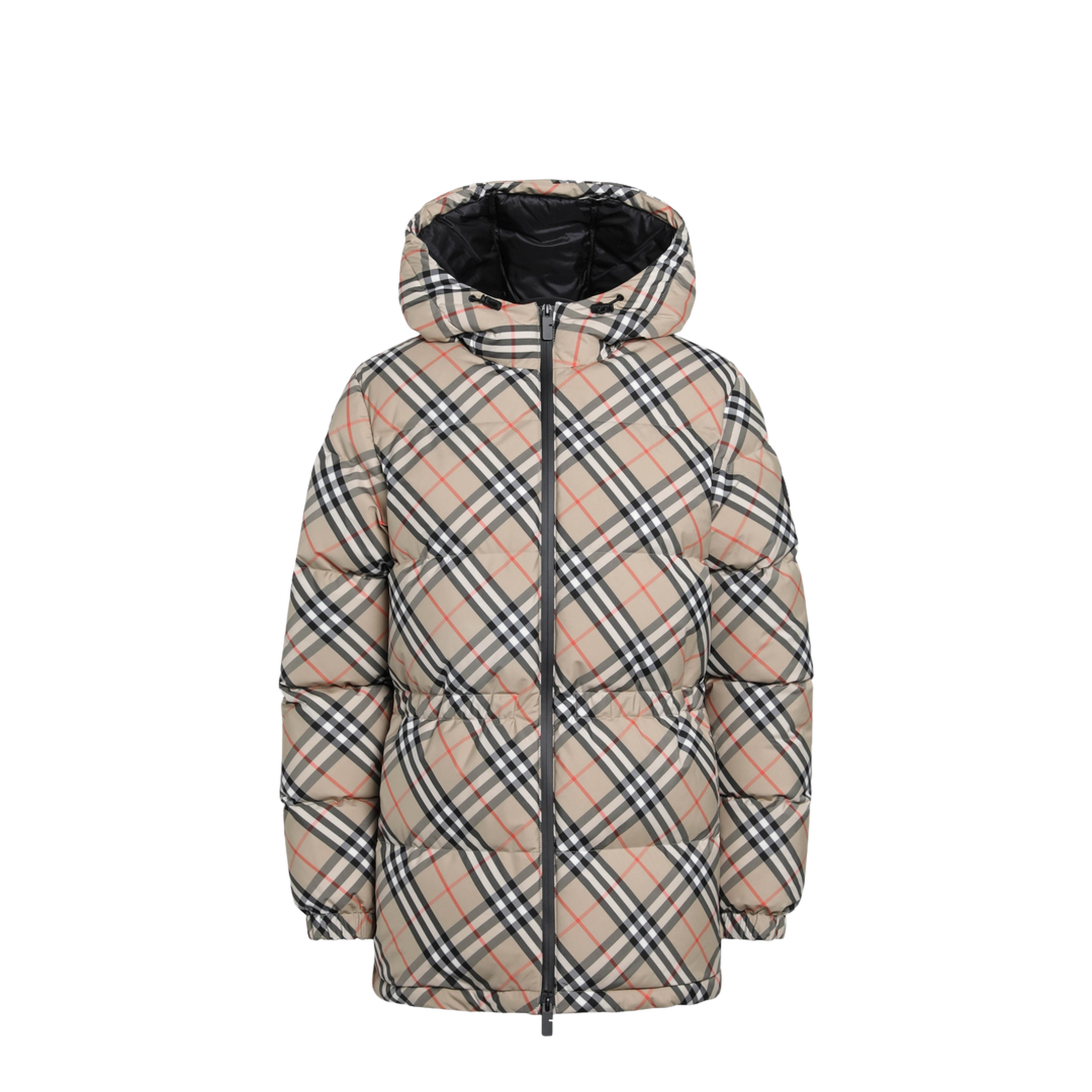 Hooded Check Nylon Puffer Jacket in Sand - Image 1