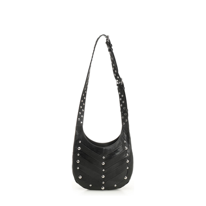 Hoboho Nappa Leather Hobo Bag With Chevron Pattern And Studs Black - Image 3