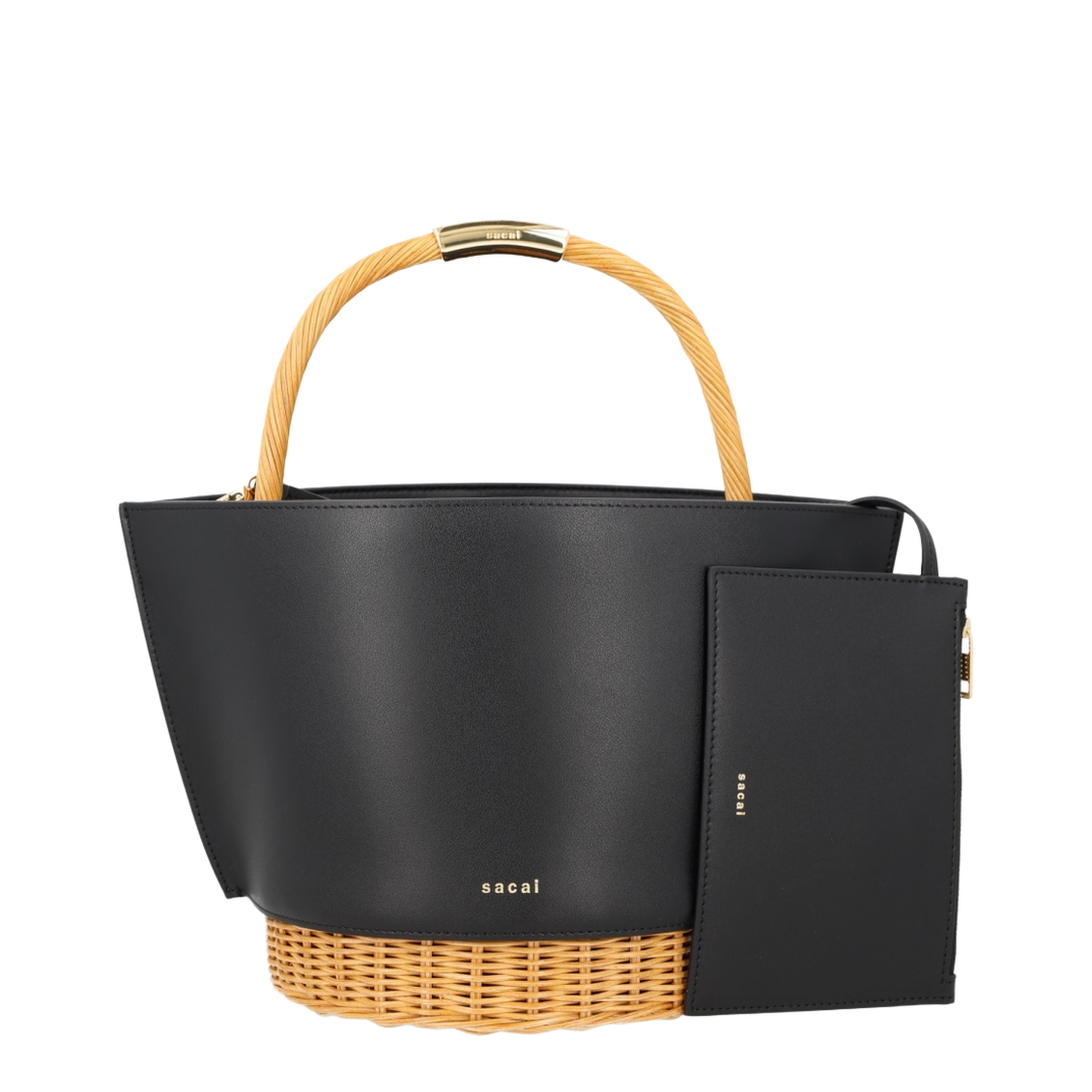 Leather Crossbody Bag With Raffia Details - Black - Image 4