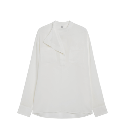 Overlap-collar Blouse in Viscose and Wool, White - Image 1