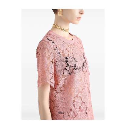 Short-sleeved Cordonetto Lace T-shirt in Pink - Image 3