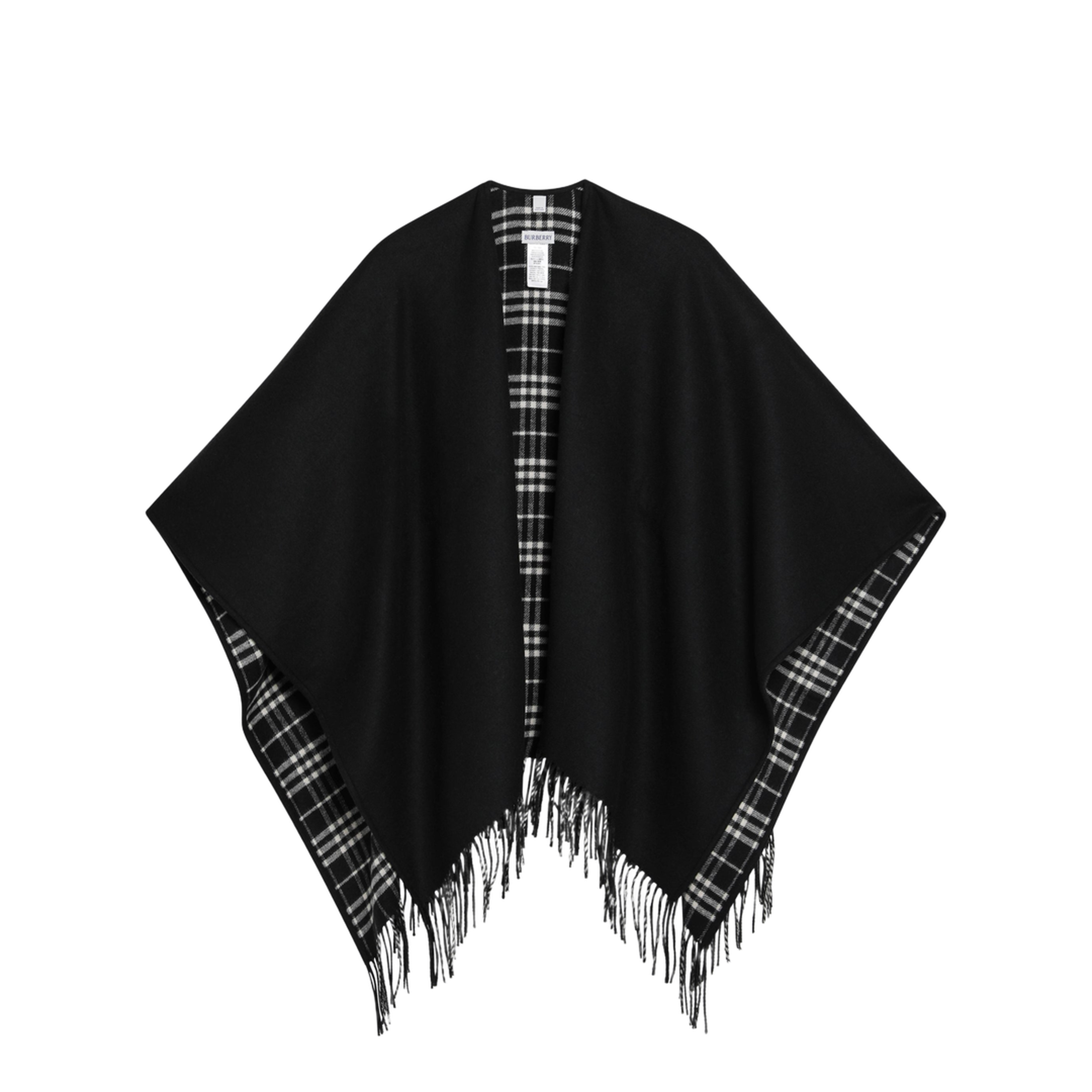 Reversible Wool Check Cape with Fringes in Black - Image 1