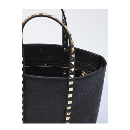 Black Leather Small Rockstud Shopping Bag - Image 3