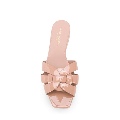 Powder Pink Leather Patent Finish Square Open Toe Multi-Way Strap Design Flat Sole Slip-On Style - Image 4