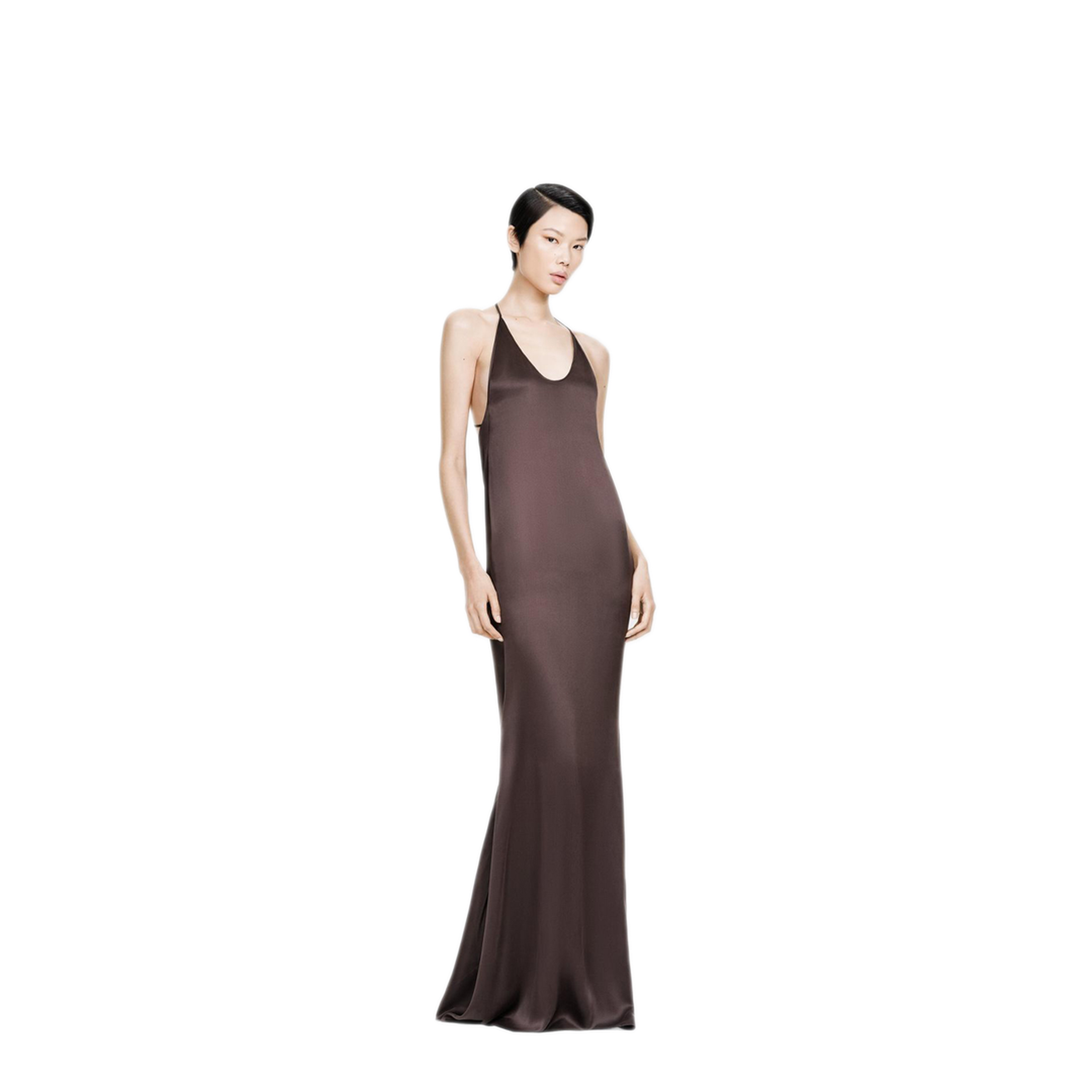 Peach-Feel Silk Satin Halterneck Evening Dress - Image 2