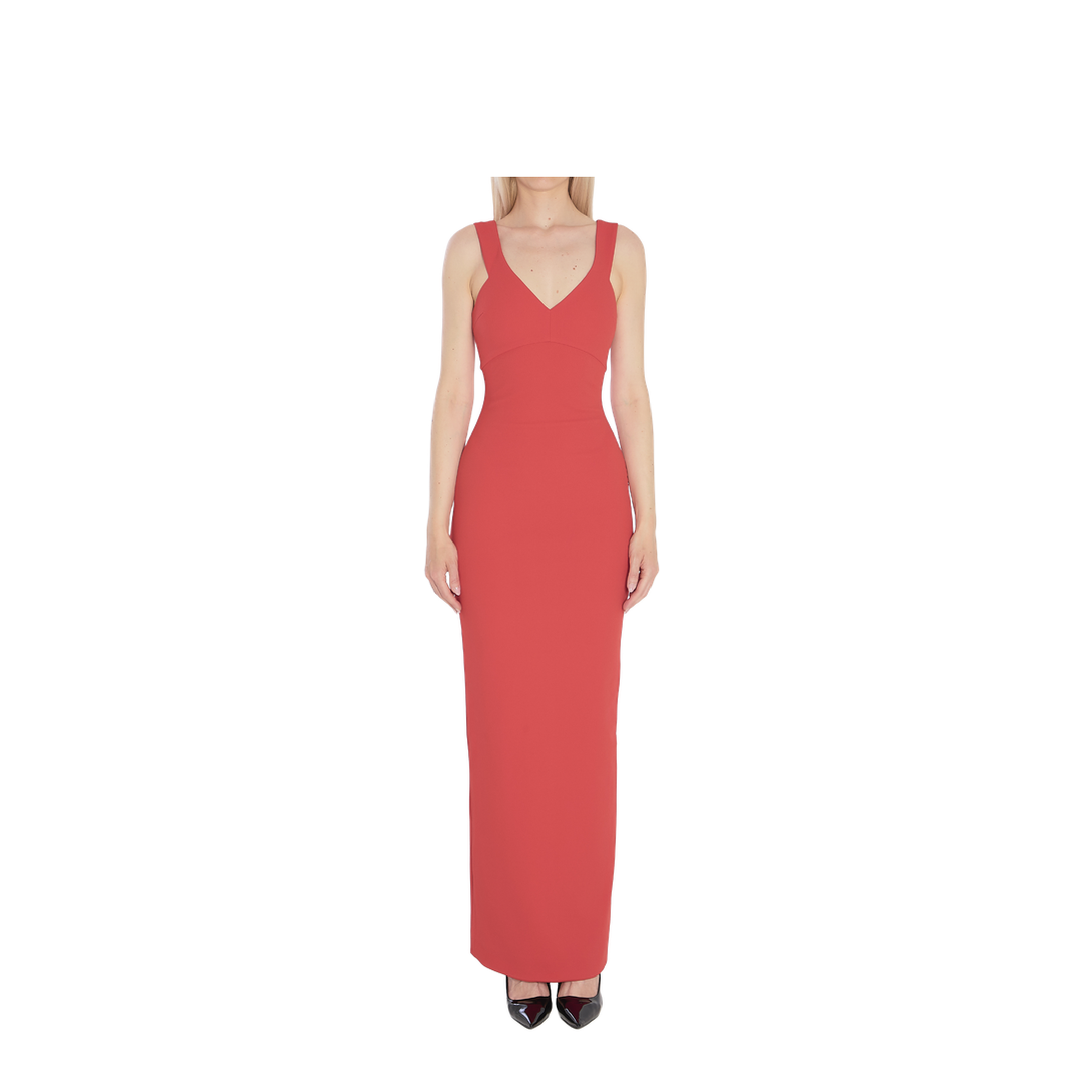 Red Sleeveless Design V-Neckline Fitted Bodice Maxi Length Straight Skirt - Image 1