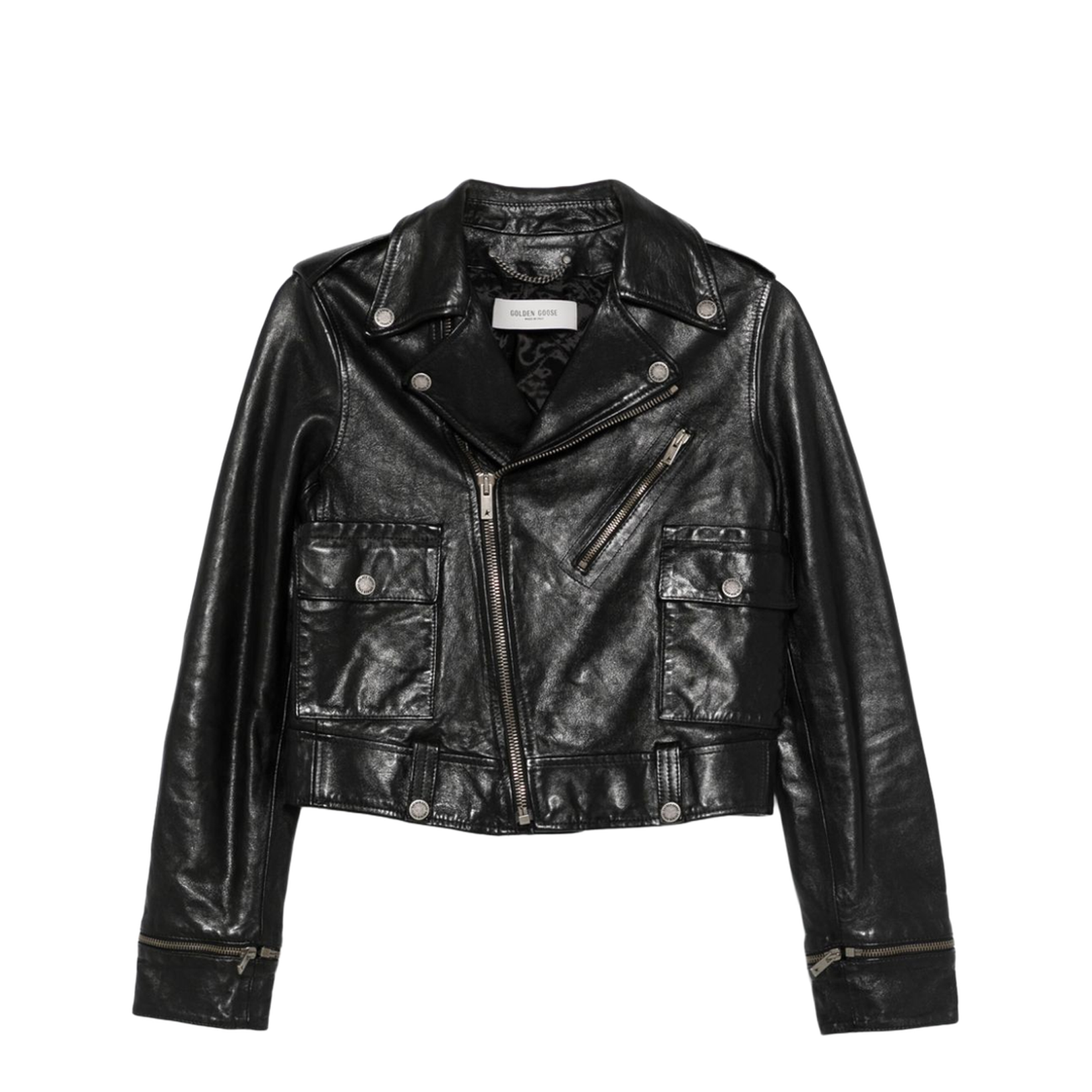 Shiny Black Sheepskin Biker Jacket with Sturdy Zip - Image 1