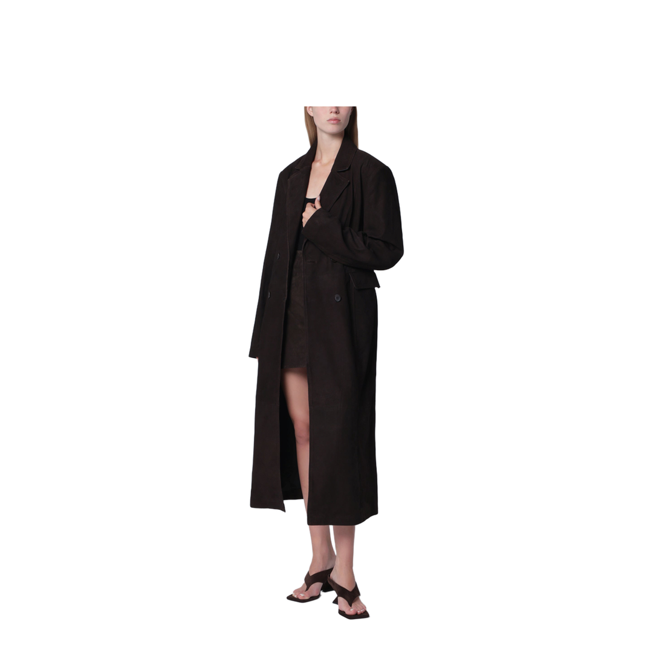 Dark Brown Double-Breasted Suede Coat - Image 1