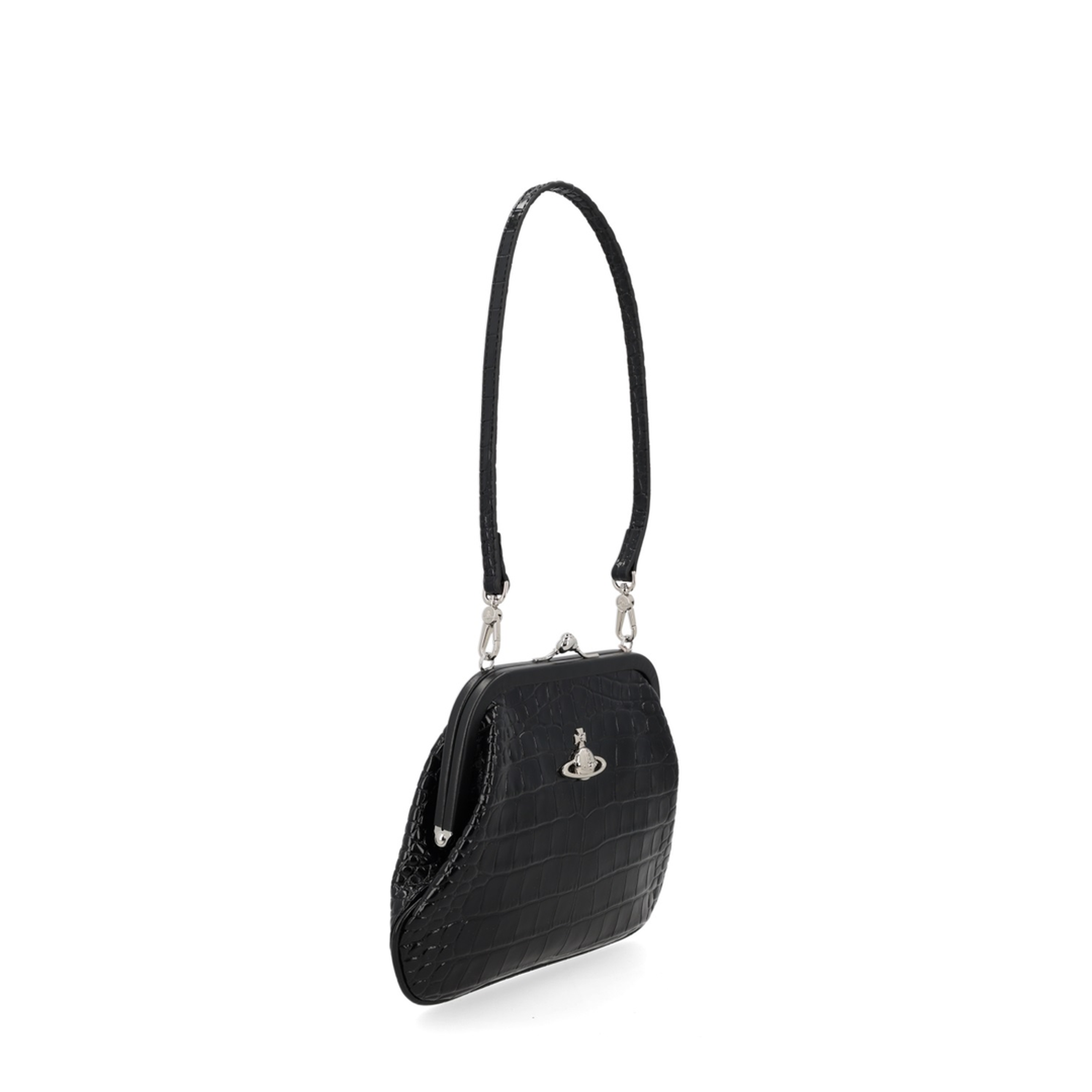 Medium Croc-Embossed Calfskin Shoulder Bag - Black - Image 2
