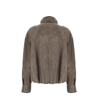 Faded Green Jacket With High Neck And Front Patch Pockets In Suede - Image 3