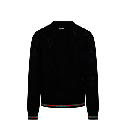 Cotton Knit Cardigan with Web in Black - Image 2