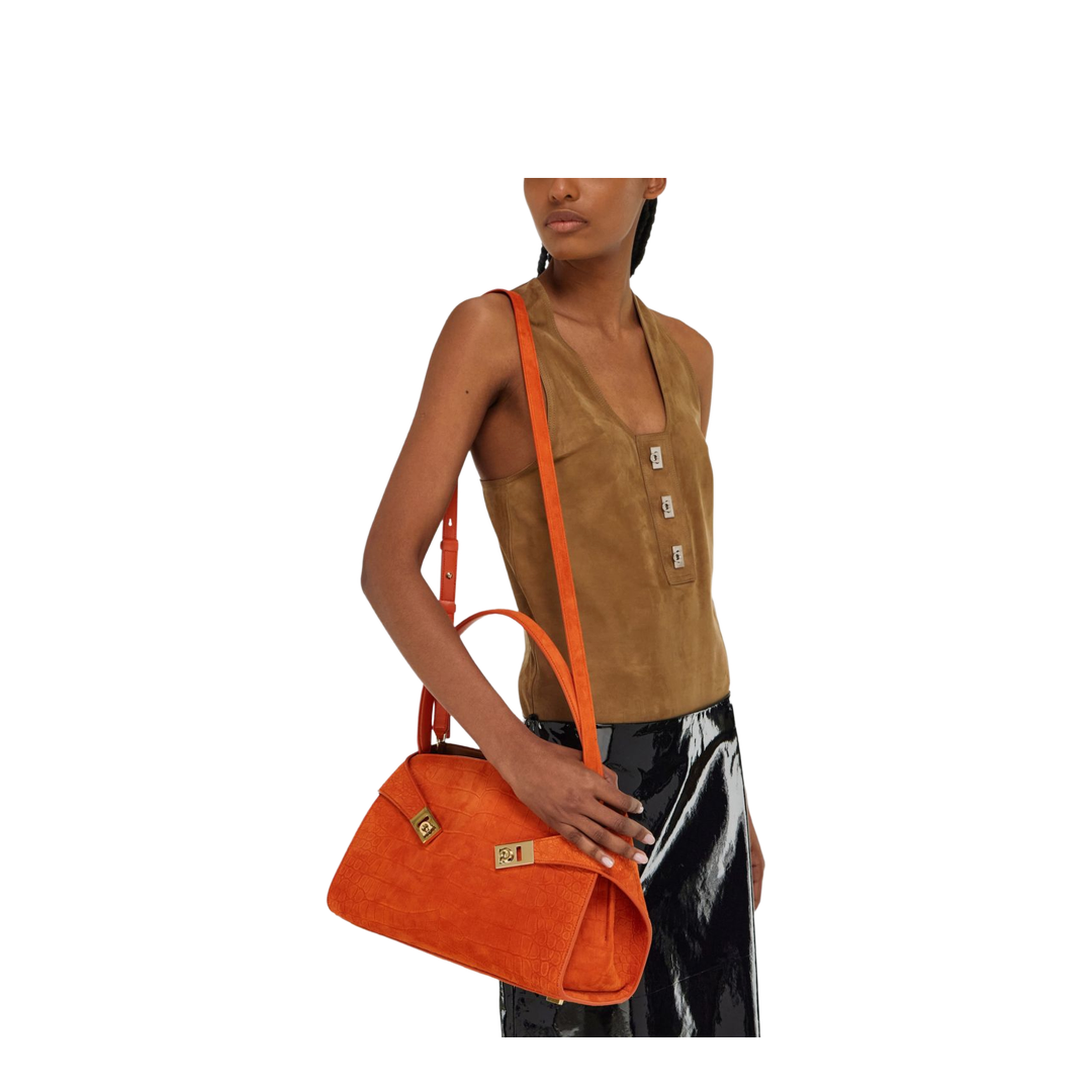 Hug Medium Alligator-Print Suede Shoulder Bag - Light Siena - Image 7