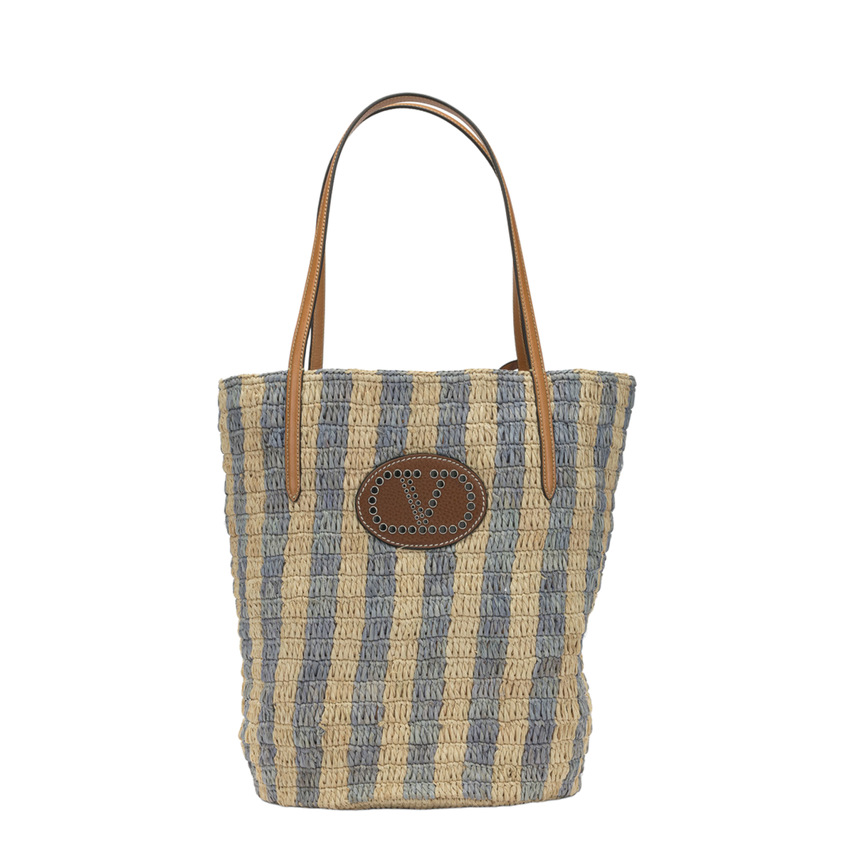 Striped Raffia Tote Bags - Natural/Blue - Image 1
