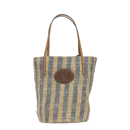 Striped Raffia Tote Bags - Natural/Blue - Image 1