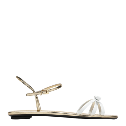 White And Gold Leather Sandals With Bow - Image 1