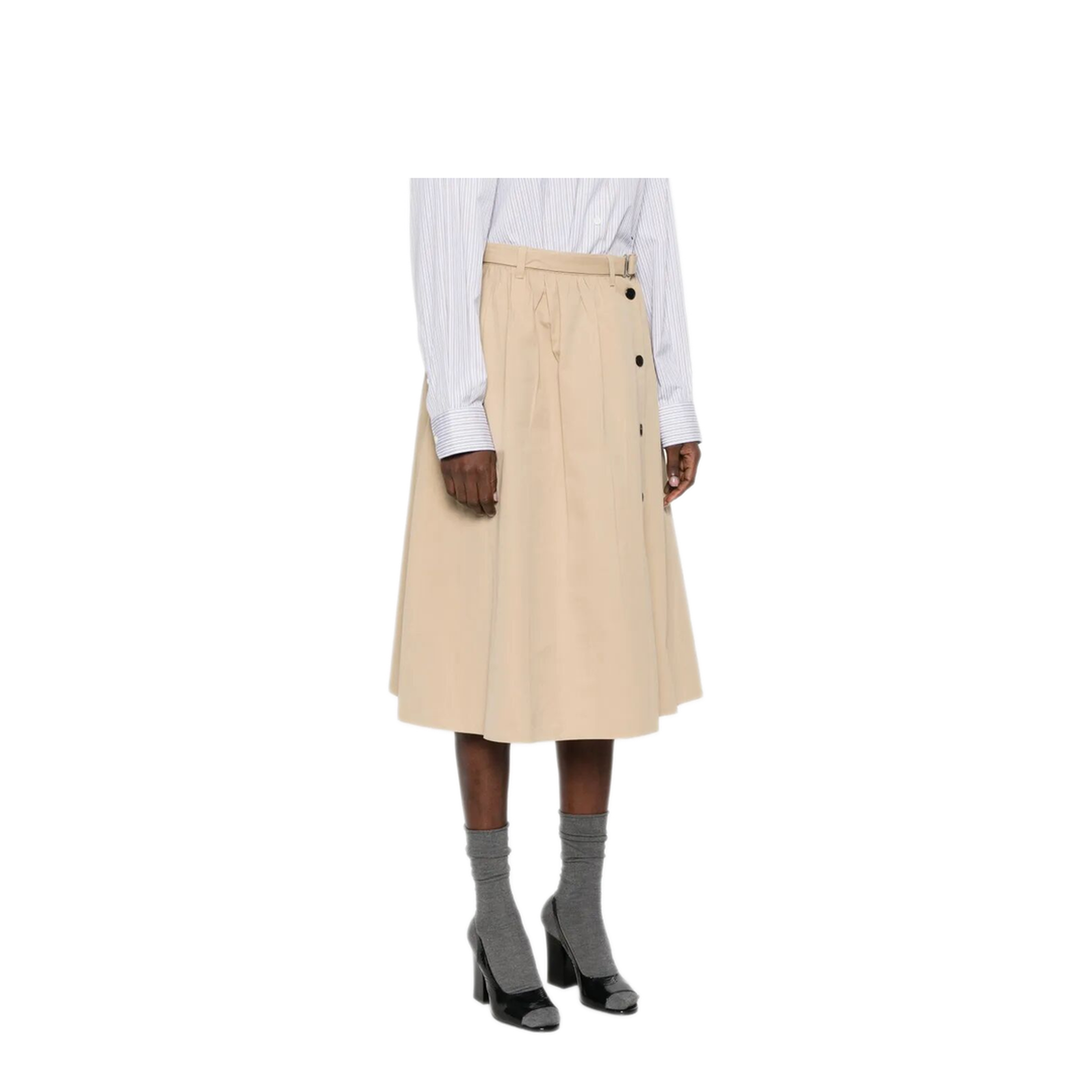 Button-Detail Belted Cotton Midi Skirt - Image 4