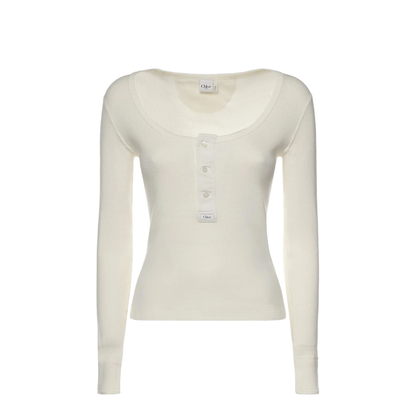 Scoop-neck Henley Shirt in Cotton Jersey White - Image 1