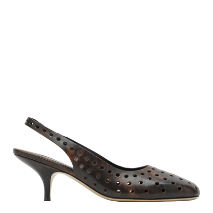 Brown Aged Leather Perforated Slingback Shoes - Image 1