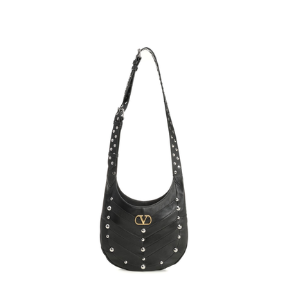 Hoboho Nappa Leather Hobo Bag With Chevron Pattern And Studs Black - Image 1