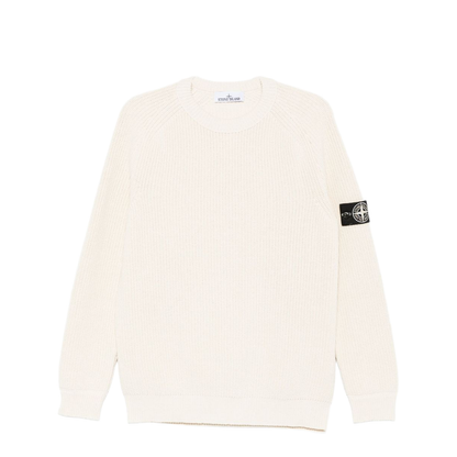 Beige Ribbed Knit Crew Neck Long Sleeves Compass Badge Cotton - Image 1