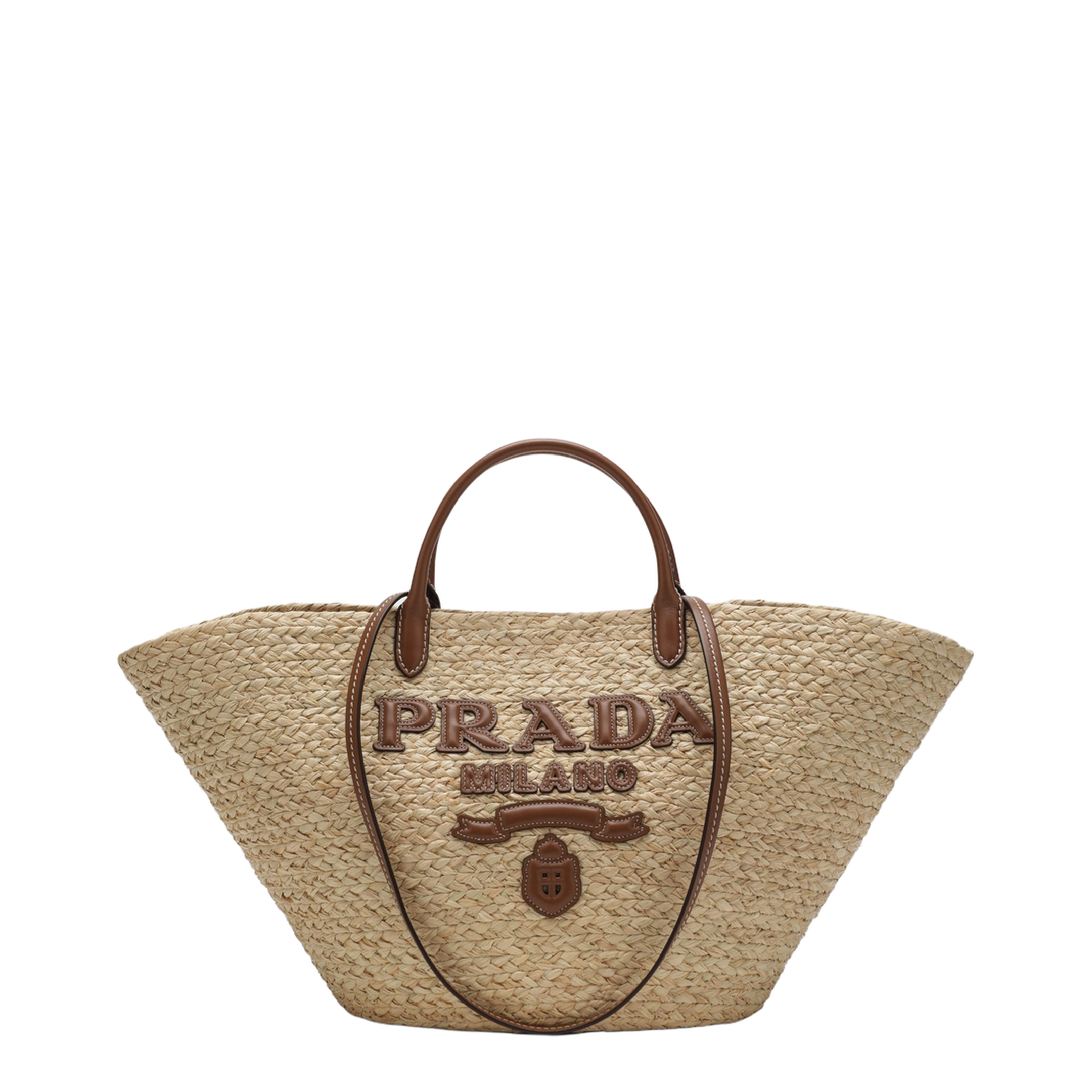 Large Beige Cognac Raffia And Leather Shopping Bag - Image 1