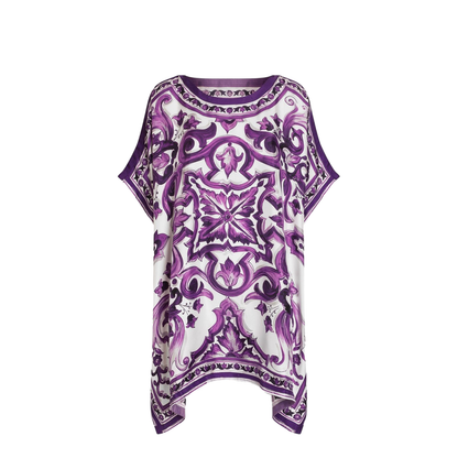 Lavender Purple Round Neck Short Sleeves Flared Hem Thigh-Length Dress - Image 1