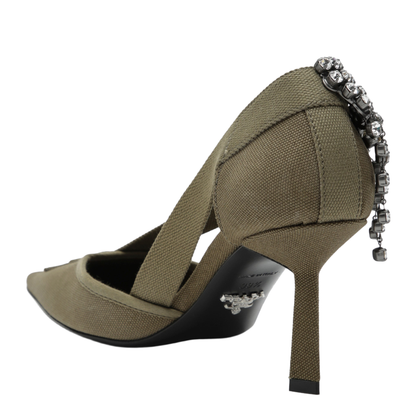 Military Green Canvas Pumps with Crystals - Image 2