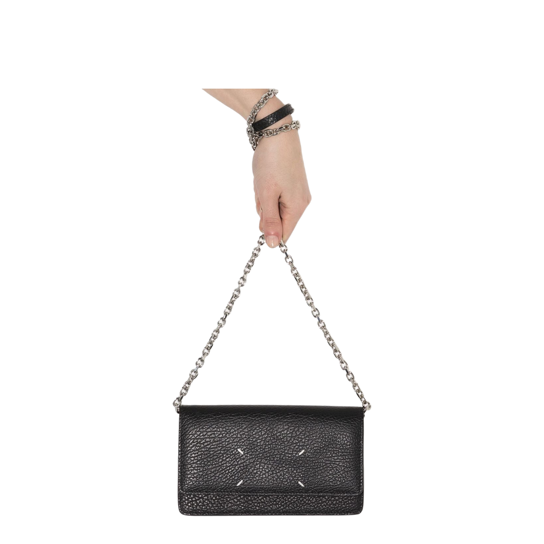 Four Stitches Medium Grainy Calf Leather Chain Wallet - Black - Image 5