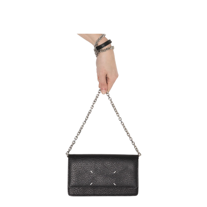 Four Stitches Medium Grainy Calf Leather Chain Wallet - Black - Image 5