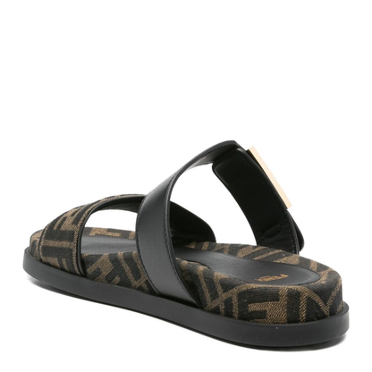 Black FF-Logo Pattern Double Strap Design Buckle Detail Flat Sole Leather Trim - Image 2