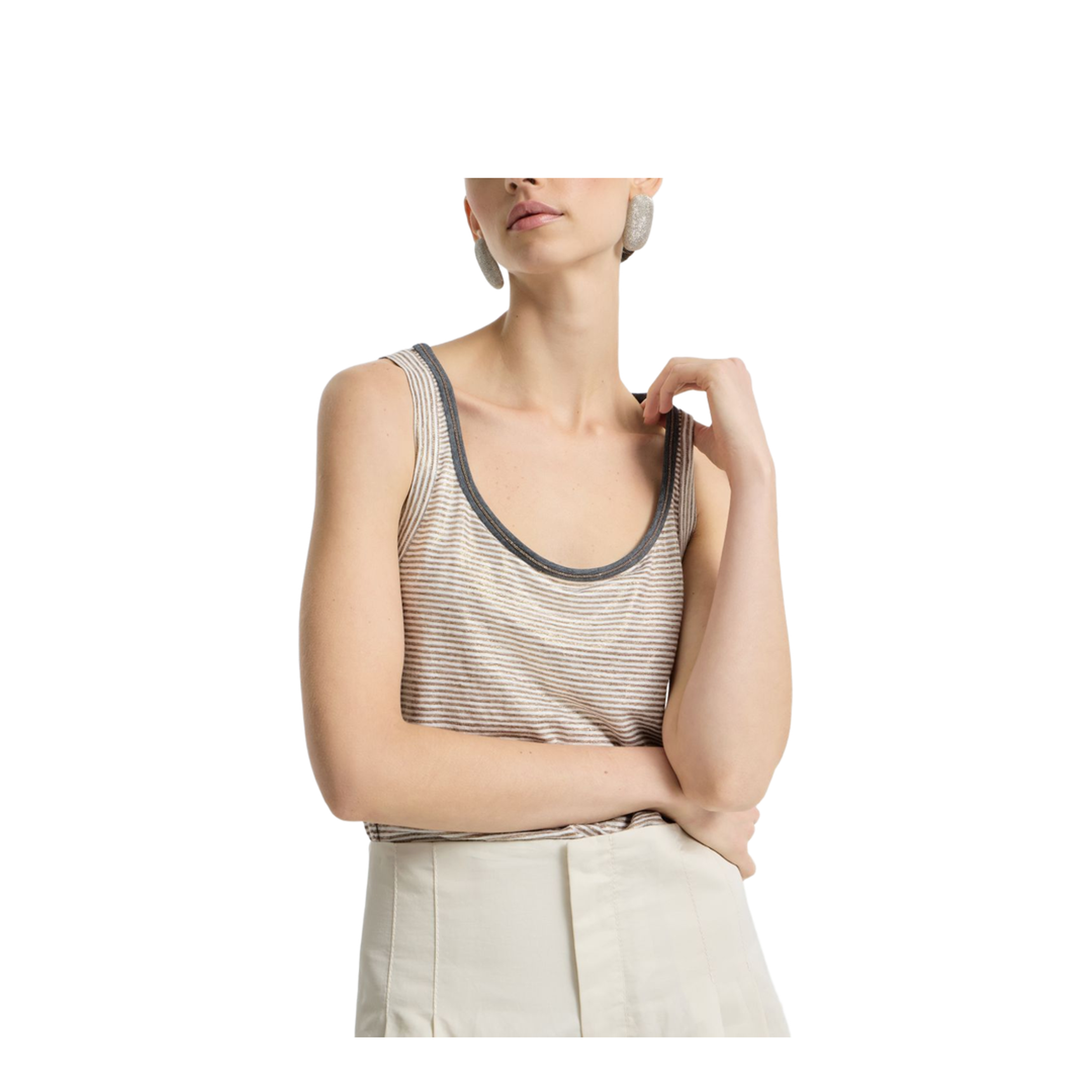 Linen Striped Crew Neck Top with Contrasting Trim and Necklace - Image 5