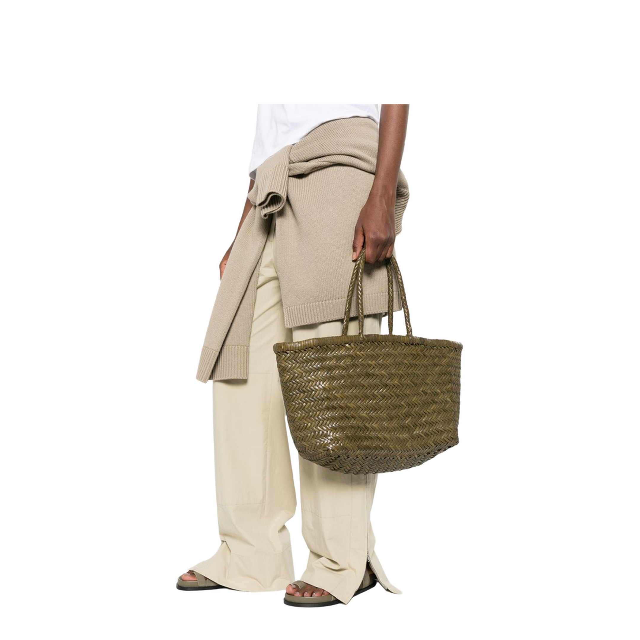 Big Triple Jump Woven Leather Tote - Kaki - Image 4