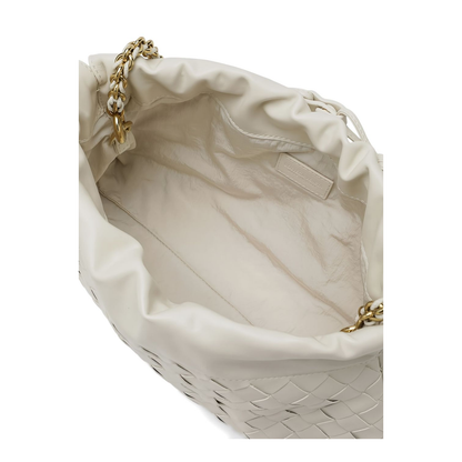 Off-White Leather Woven Design Drawstring Closure Chain-Link Shoulder Strap Gold-Tone Hardware - Image 3