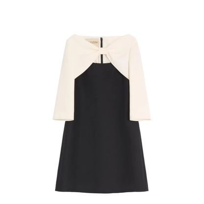 Crepe Couture Short Dress with Bow and Contrasting Sleeves - Image 1