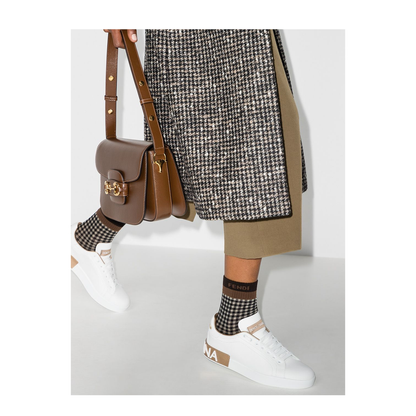 White Calfskin Low-Top Sneakers with Gold Details - Image 2