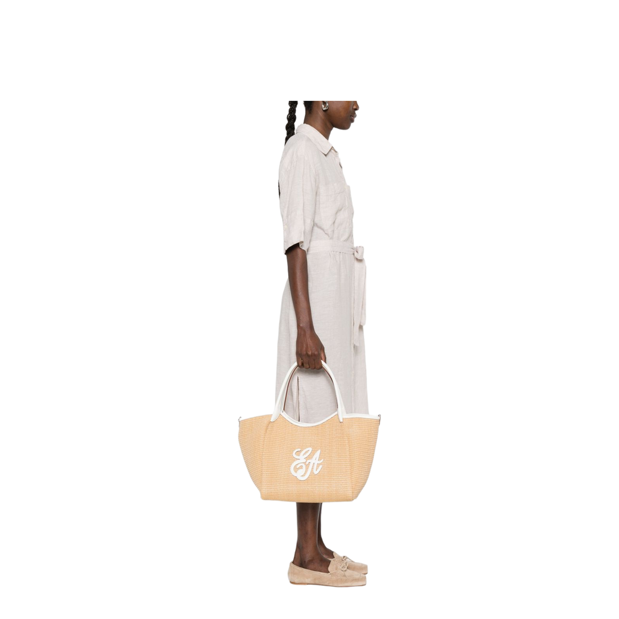 Medium Straw Tote - Natural Beige/White - Image 5