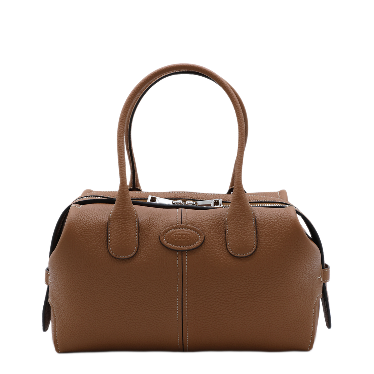 Small Tumbled Calf Leather Boston Bag - Brown - Image 1