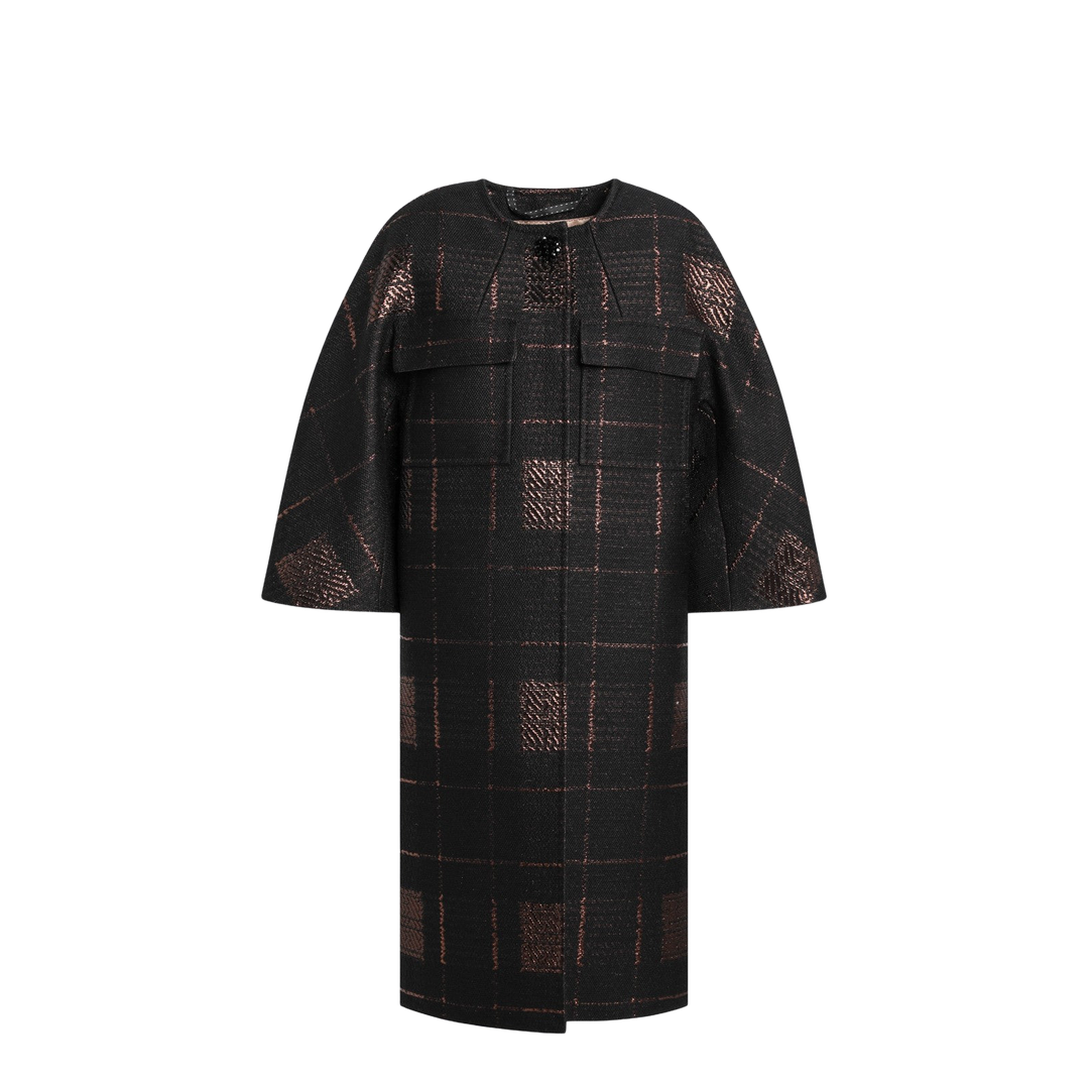 Black Cocoon Coat in Jacquard Lamé - Image 1