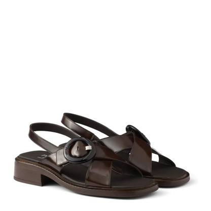 Brushed Leather Crisscross Band Sandals with Plexiglas Buckle - Image 2