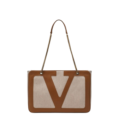 Medium-Sized Bag in Natural Canvas and Brown Leather - Image 1
