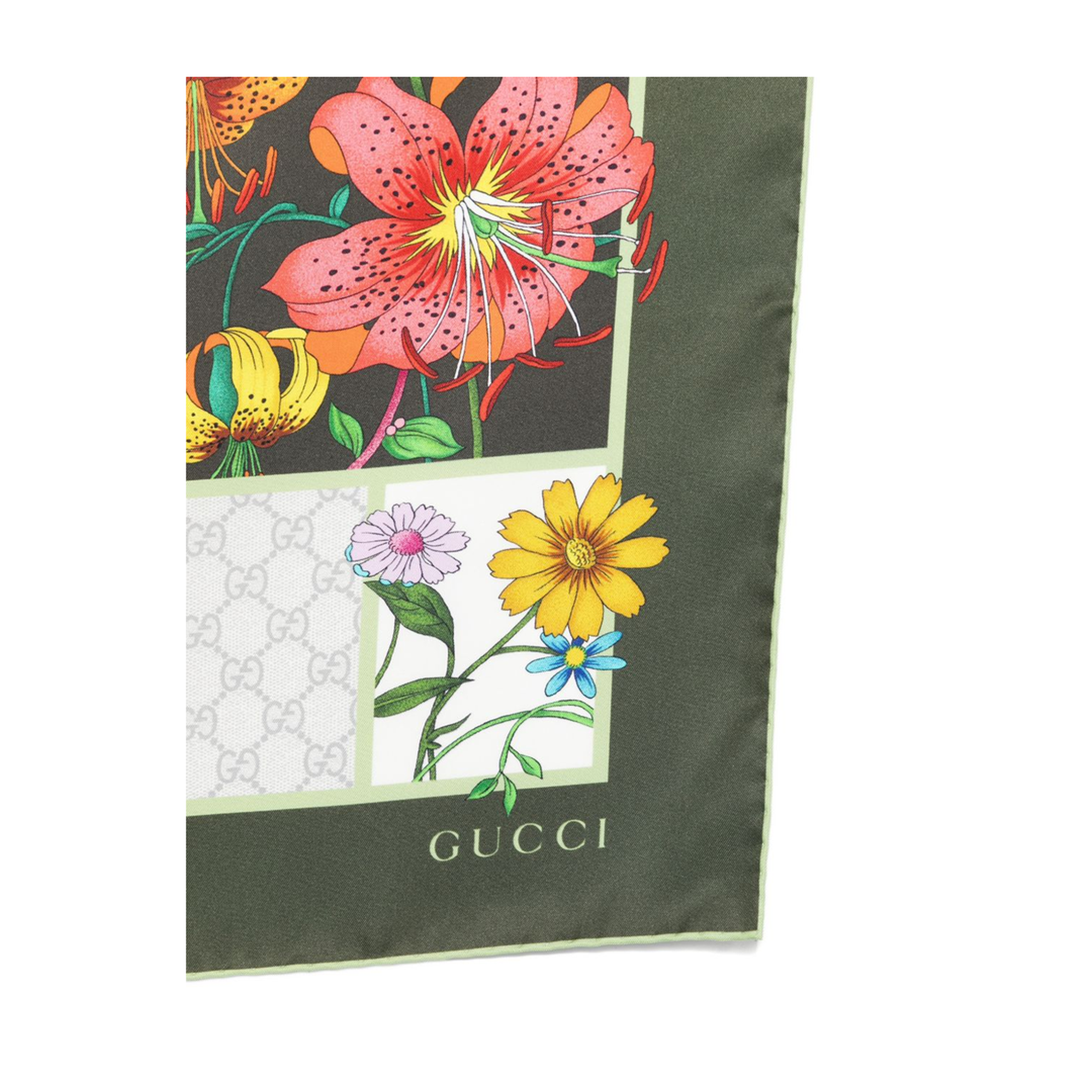 Green Silk Twill Scarf with Flora Print - Image 3