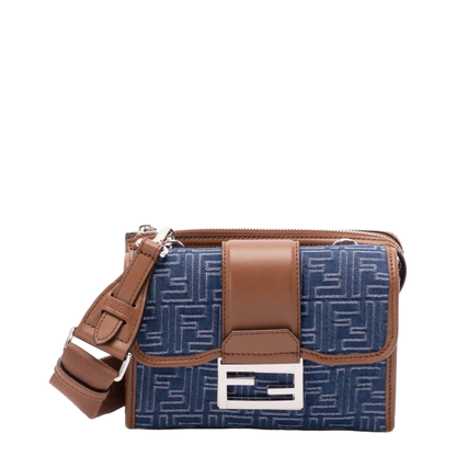 Denim-Effect FF Jacquard and Leather Double Baguette Bag - Image 1